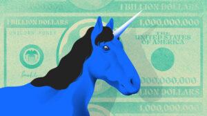 Illustration of a blue unicorn with a green money background. [Dom Guzman]