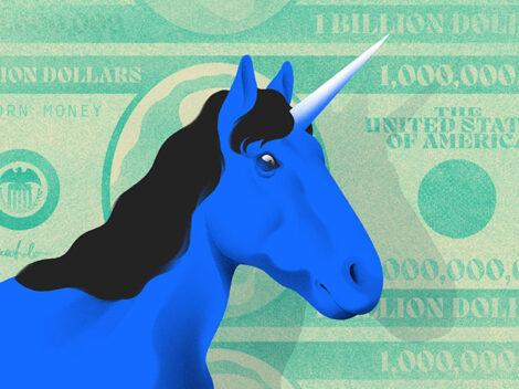 Illustration of a blue unicorn with a green money background. [Dom Guzman]