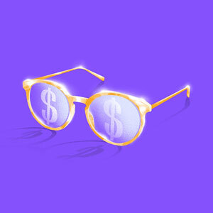 Illustration of eyeglasses with $ in lens