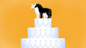 Illustration of a wedding cake with unicorn bride and groom