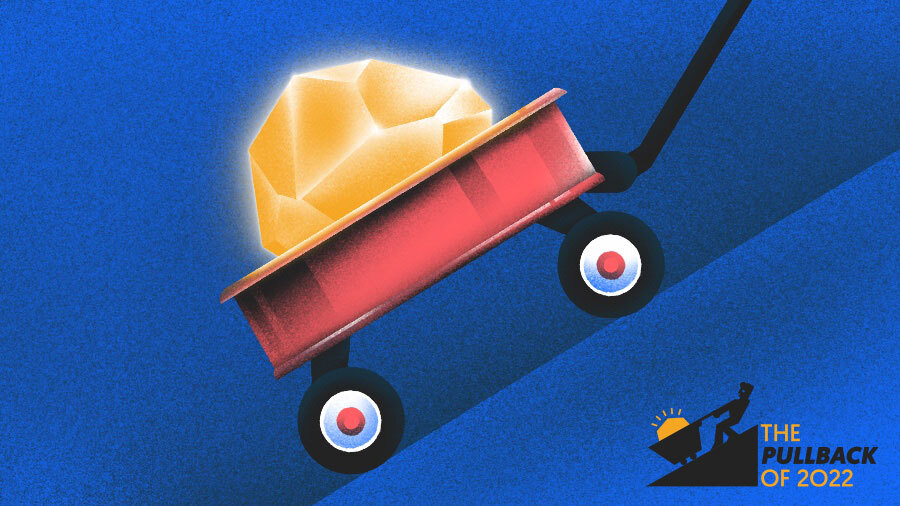 Illustration of a wagon loaded with a gold nugget being pulled uphill.