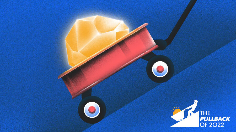 Illustration of a wagon loaded with a gold nugget being pulled uphill.