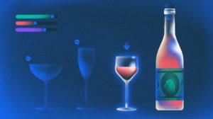 Illustration of stemmed glassware and bottle of wine.