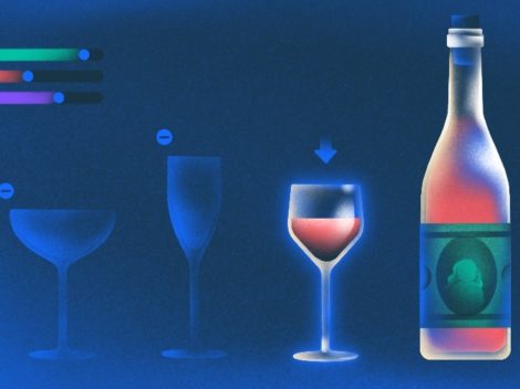 Illustration of stemmed glassware and bottle of wine.