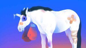 Illustration of a beat up unicorn. No country.