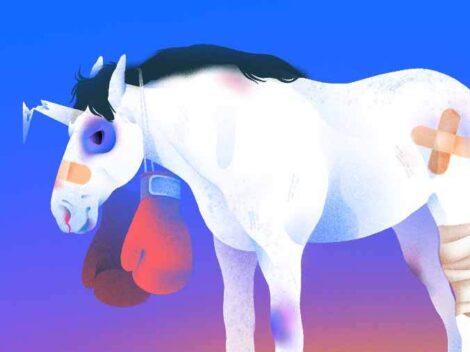 Illustration of a beat up unicorn. No country.