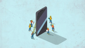 Illustration of blue-collar workers standing around a smartphone.