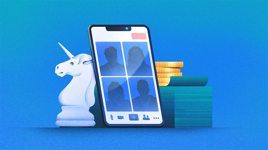 Illustration of remote meet on cellphone, unicorn chess piece and money. [Dom Guzman]