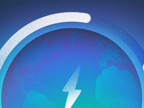 Illustration of Earth with loading circle and lightning bolt.