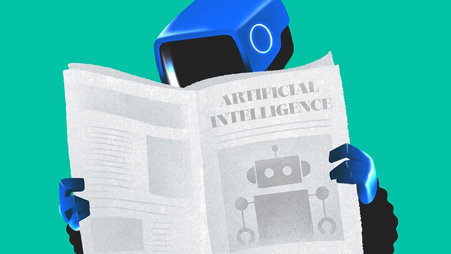 Illustration of a robot reading a newspaper - AI