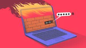 Illustration of laptop firewall on fire - cybersecurity.