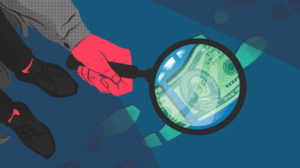 Illustration of hand holding a magnifying glass looking at money/footprints .