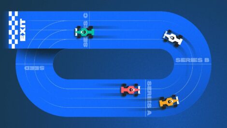 Image of racing cars on a track marked with sequential series funding goals. [Dom Guzman]