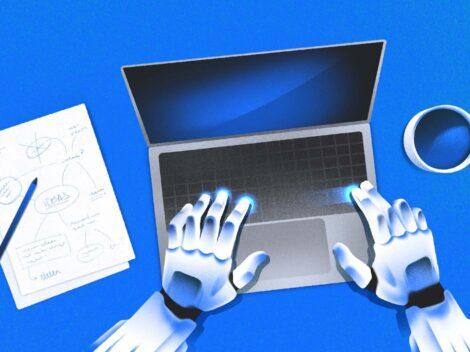 Illustration of a robot typing on a laptop. Generative AI