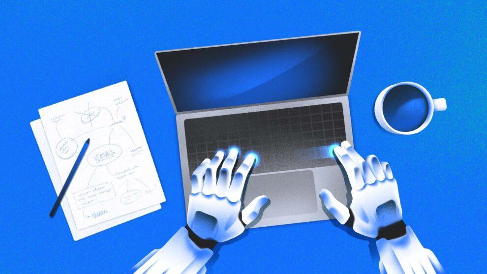 Illustration of a robot typing on a laptop. Generative AI
