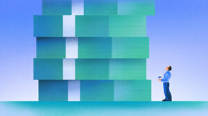 Illustration of founder looking at HUGE pile of money. [Dom Guzman]