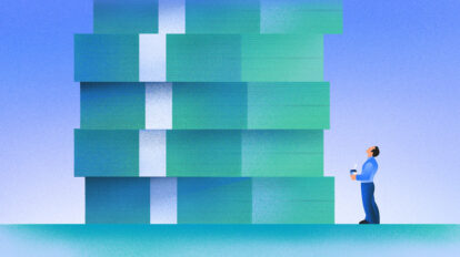 Illustration of founder looking at HUGE pile of money. [Dom Guzman]