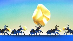 Illustration of ants gathering gold nuggets.