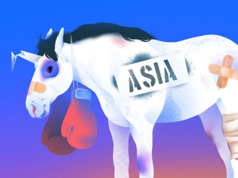 Illustration of injured unicorn for quarterly Asia.