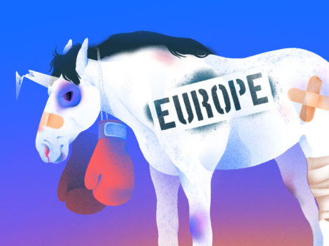 Illustration of injured unicorn for quarterly Europe.