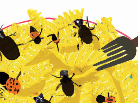 An illustration of a bowl of pasta with insects. [Generated by DALL-E]