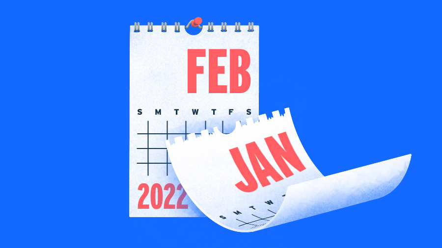 Illustration of Jan calendar page being torn off to Feb.