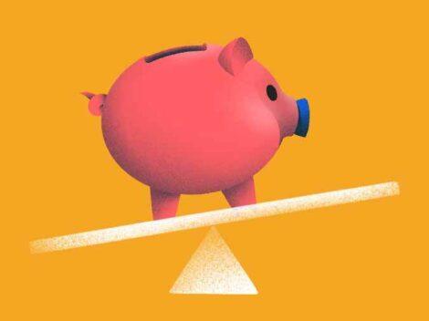 Illustration of a piggy bank on a seesaw without a continent.