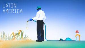 Illustration of a guy watering plants with a blocked hose - LatAm [Dom Guzman]