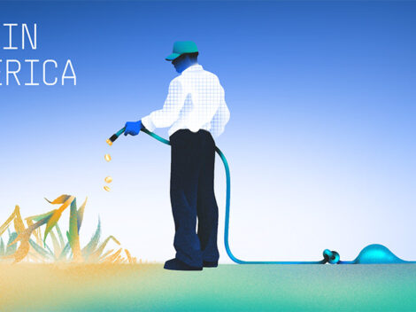 Illustration of a guy watering plants with a blocked hose - LatAm [Dom Guzman]