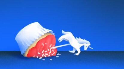 Illustration of toppled cupcake with unicorn topper.