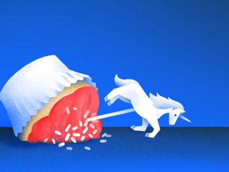 Illustration of toppled cupcake with unicorn topper.