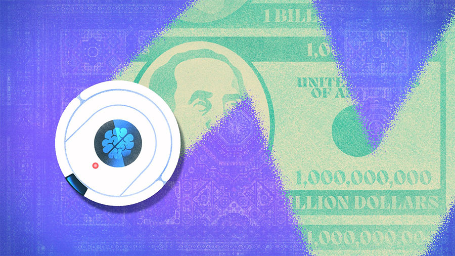 Illustration of a robot vacuum clearing off a Billion-dollar bill.