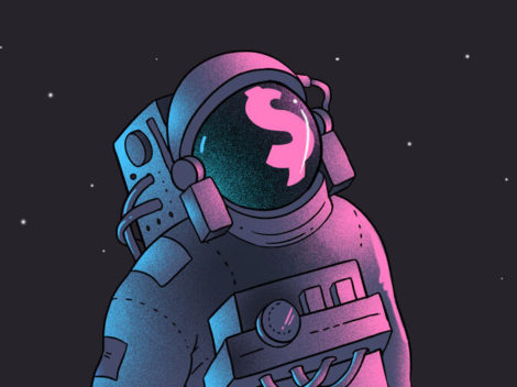 Illustration of astronaut with $ on visor.